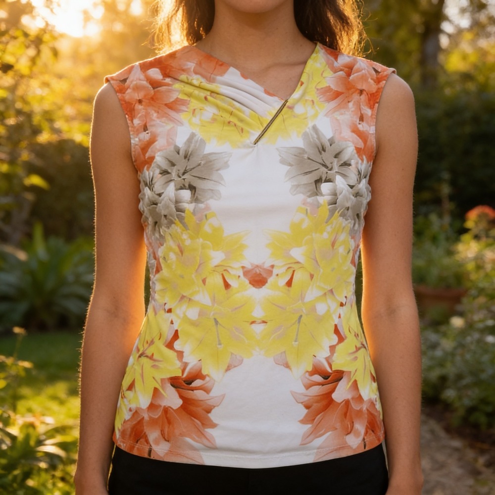 Calvin Klein Womens Floral Sleeveless Blouse Yellow Orange Gold Bar Accent M